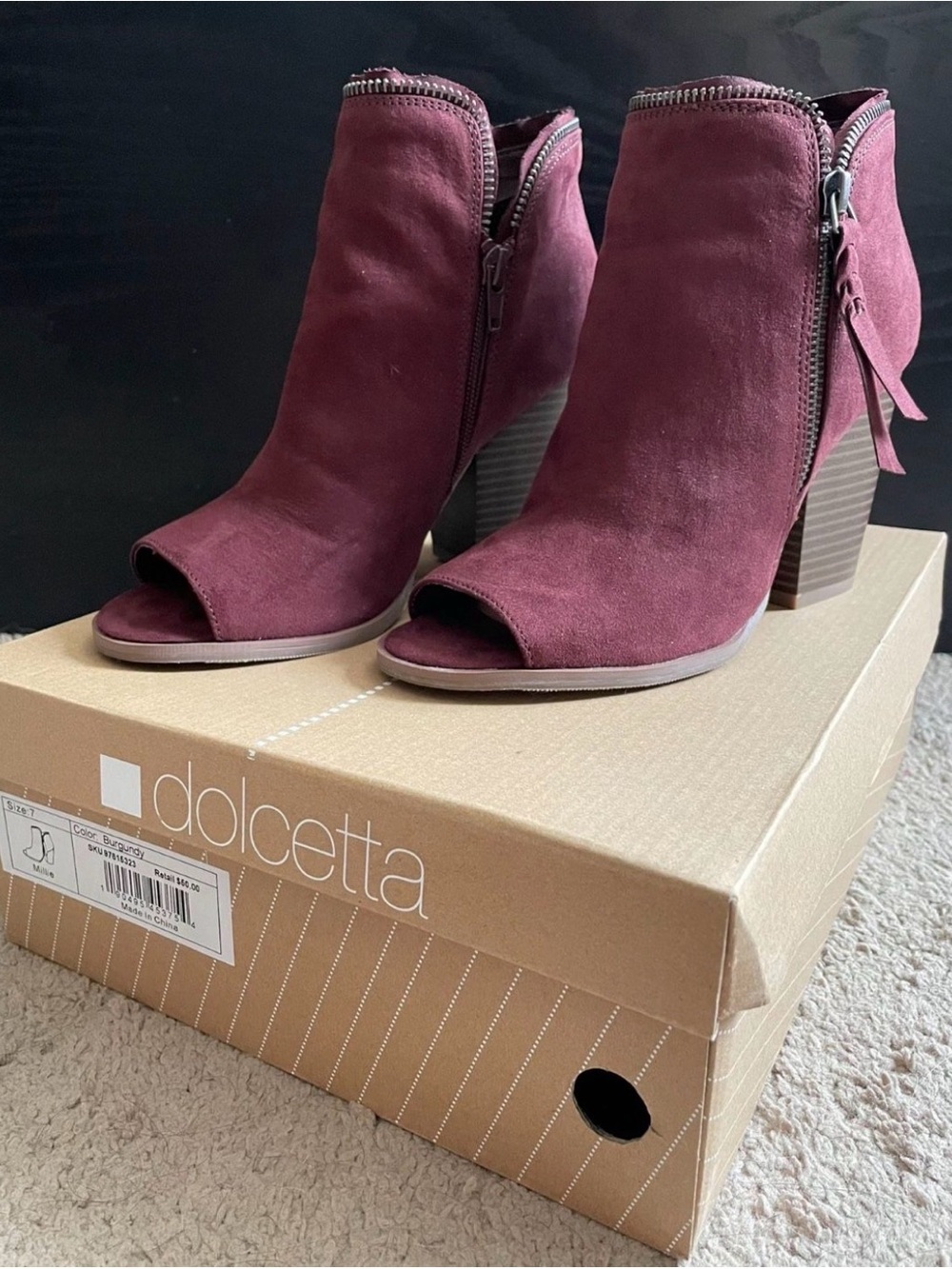 Dolcetta Women's Burgundy Suede Peep-Toe Ankle Booties